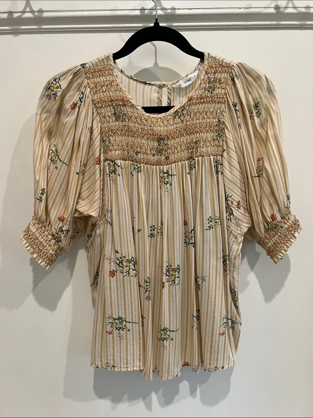 Smocked Yoke Floral Stripe Blouse in Cream and Yellow